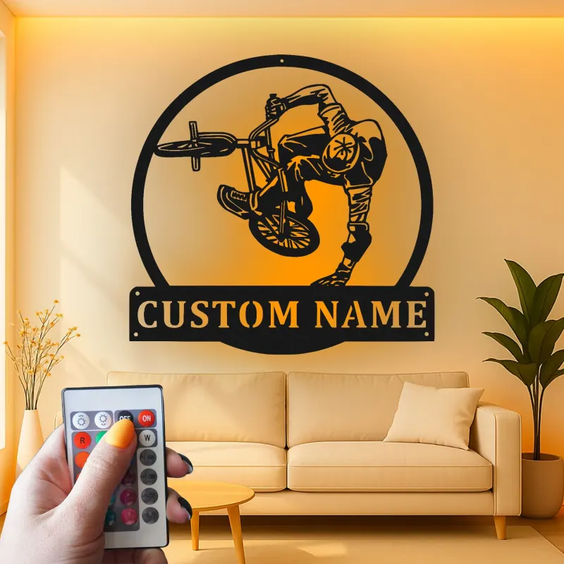 Personalisiertes BMX Radfahrer LED-beleuchtetes Metallschild Geschenk für BMX-Enthusiasten Teenager Schlafzimmer oder Spielzimmer Dekor
