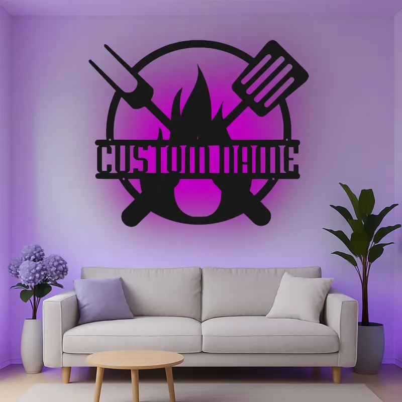 Insegna in metallo personalizzata con BBQ Grill e luce LED regalo personalizzato per maestro della griglia decorazione per patio all'aperto