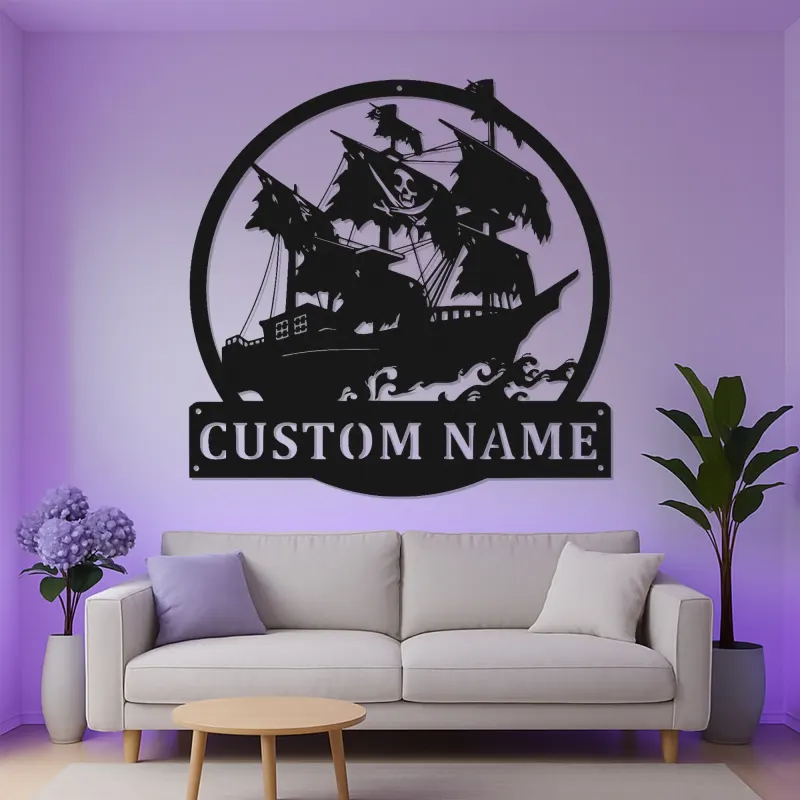 Decoración Mural de Metal de Barco Pirata con LED | Letrero de Nombre Personalizado para Man Cave | Decoración Náutica y Regalo para Él