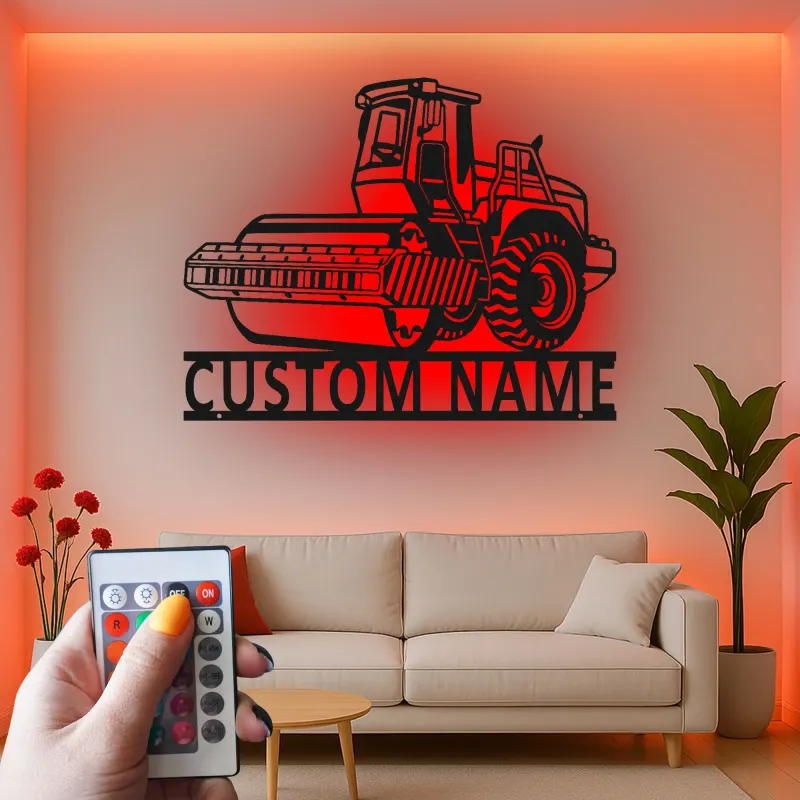Arte mural de metal de rodillo de carretera | Cartel LED de construcción personalizado | Decoración de maquinaria pesada personalizada para regalo de contratista