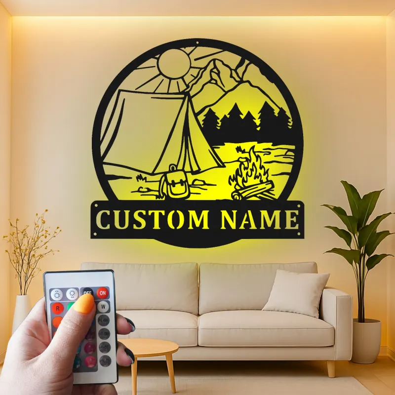 Custom Camping Scene Led Light Metal Wall Art Personalized Outdoor Enthusiast Gift Cabin or RV Decor 3