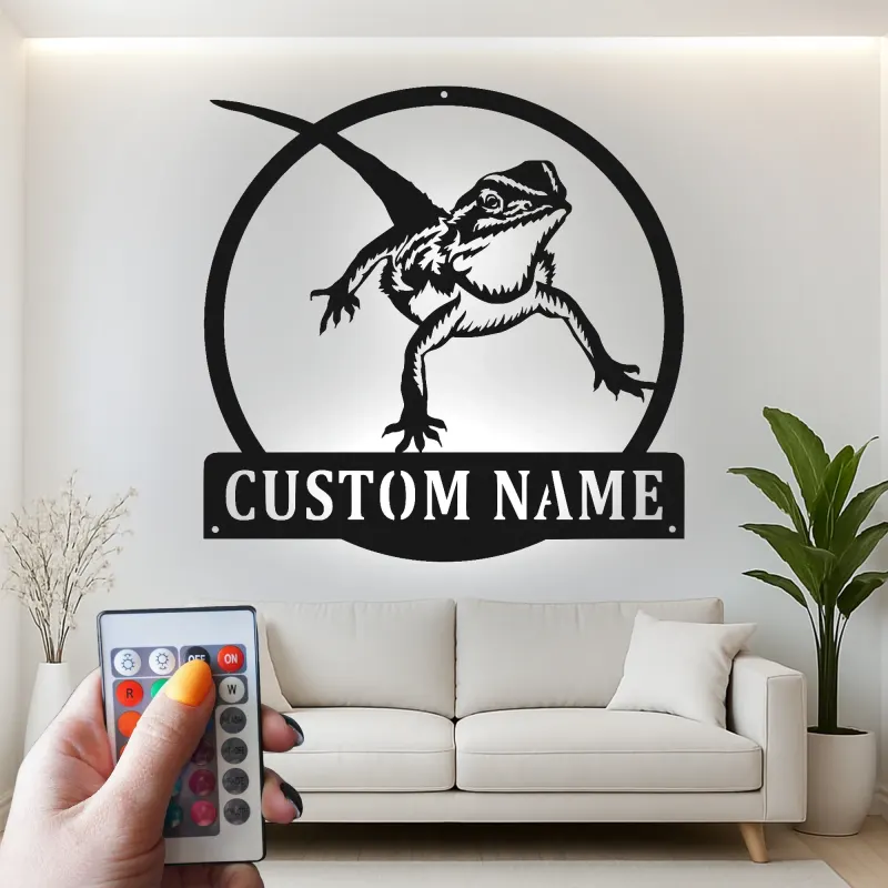 Personalisierte Bartagame LED Metall-Schild | Personalisierte Reptil-Silhouette Dekor | Beleuchtete Echsen-Wandkunst Geschenk