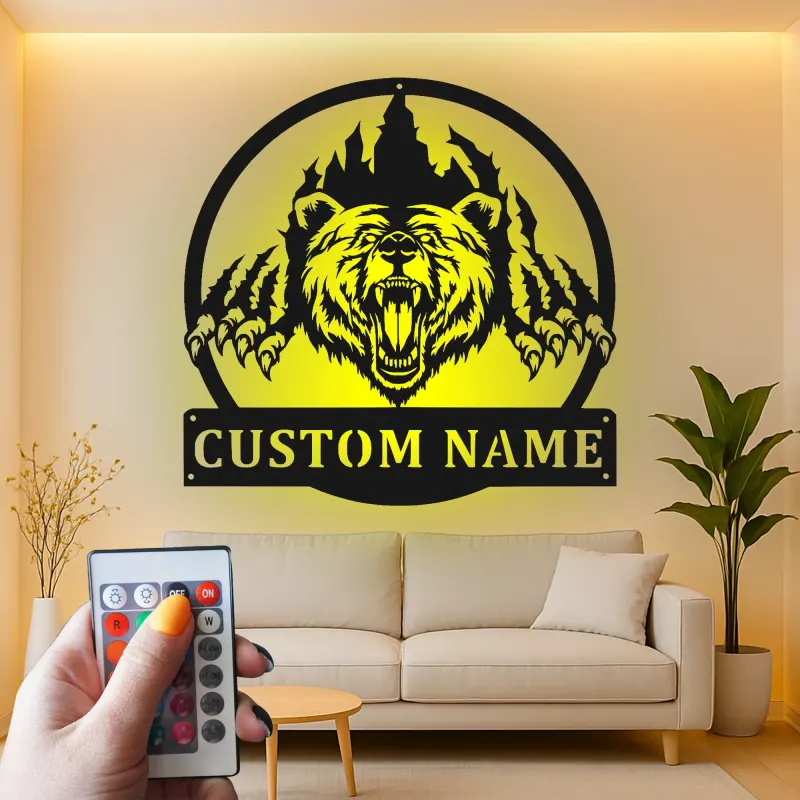 Personalisierte LED-beleuchtete Metall-Wandkunst mit Bären - Rustikales Geschenk für Tierliebhaber