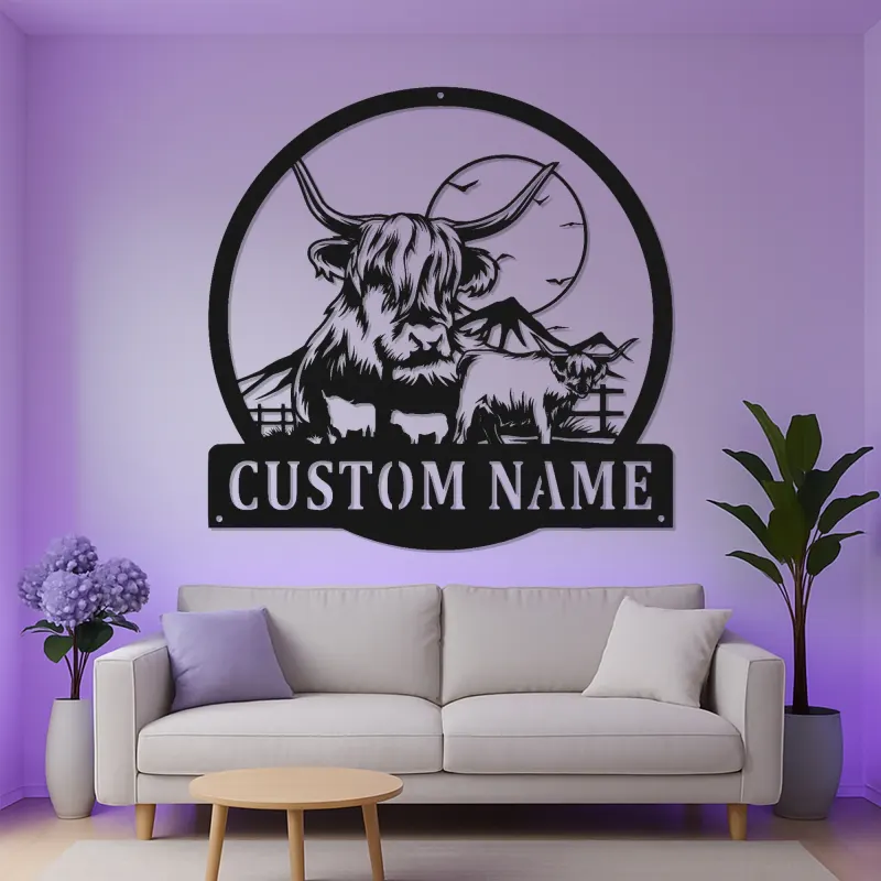 Insegna in metallo LED Highland Cow personalizzata | Arte da ranch personalizzata | Decorazione moderna per la casa per regalo di famiglia