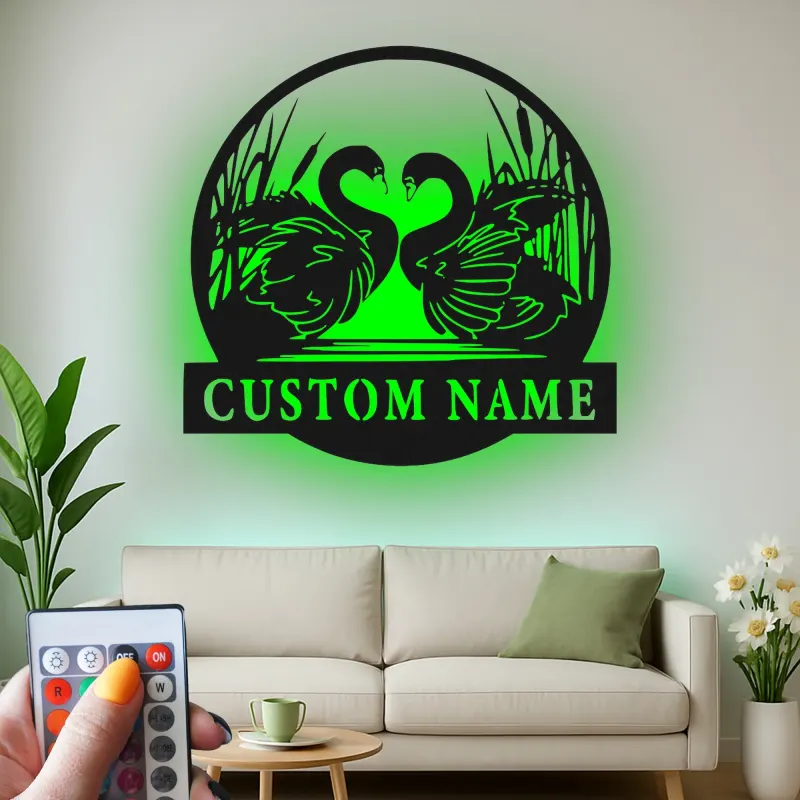 Panneau en métal personnalisé avec cygne | Décoration murale rétroéclairée pour couples | Cadeau de mariage ou d'anniversaire personnalisé | Décor romantique pour la maison