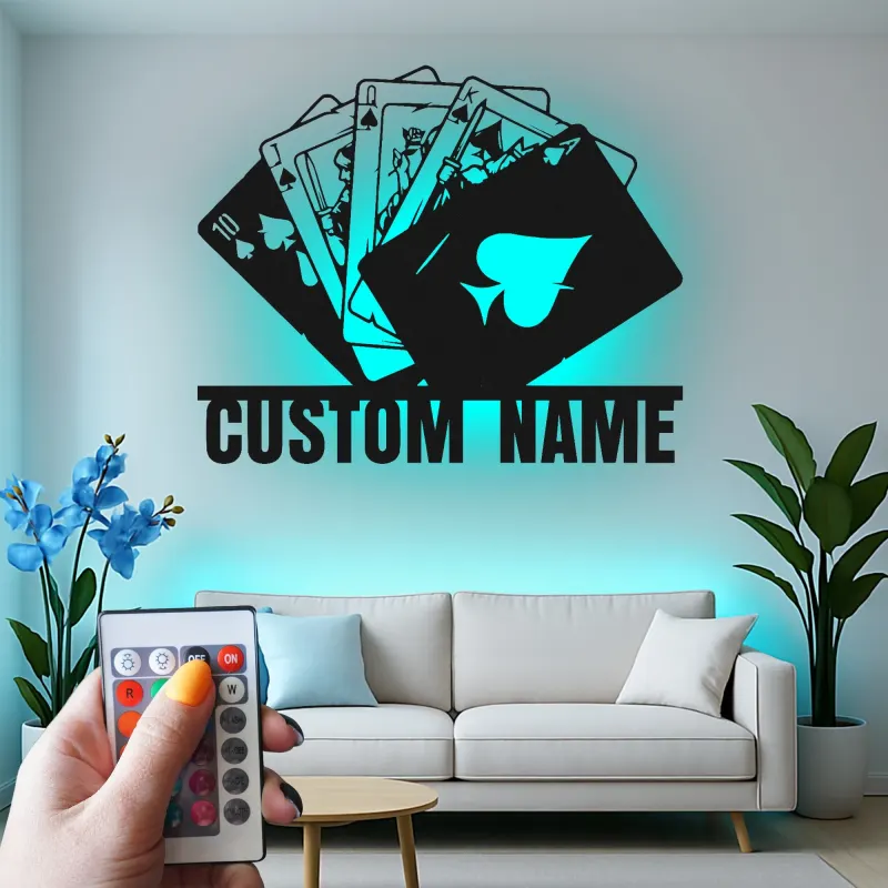 Royal Flush Metal Wall Art | Personalized LED Poker Room Sign | Custom Name Card Player Gift | Game Room Decor