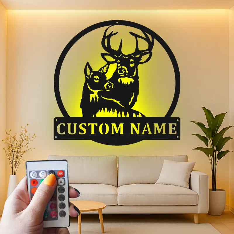 Insegna in metallo personalizzata con luce LED per famiglia di cervi - Regalo personalizzato per amanti della natura, decorazione per cabin rustica