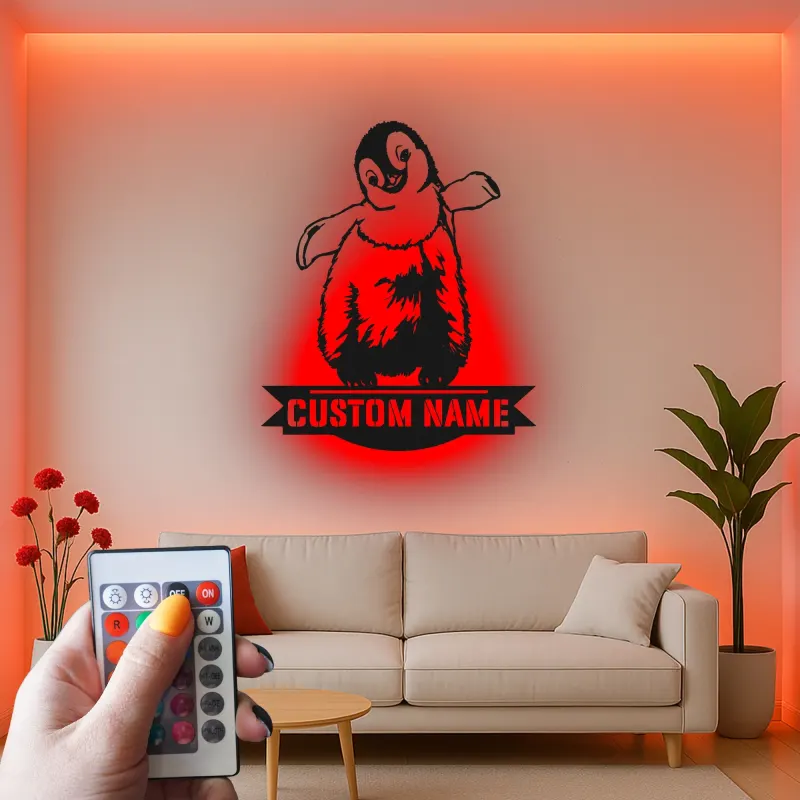 Insegna LED in metallo con pinguino personalizzata | Arte da parete per cameretta | Decorazione luminosa con nome del bambino | Regalo premium pulcino imperatore