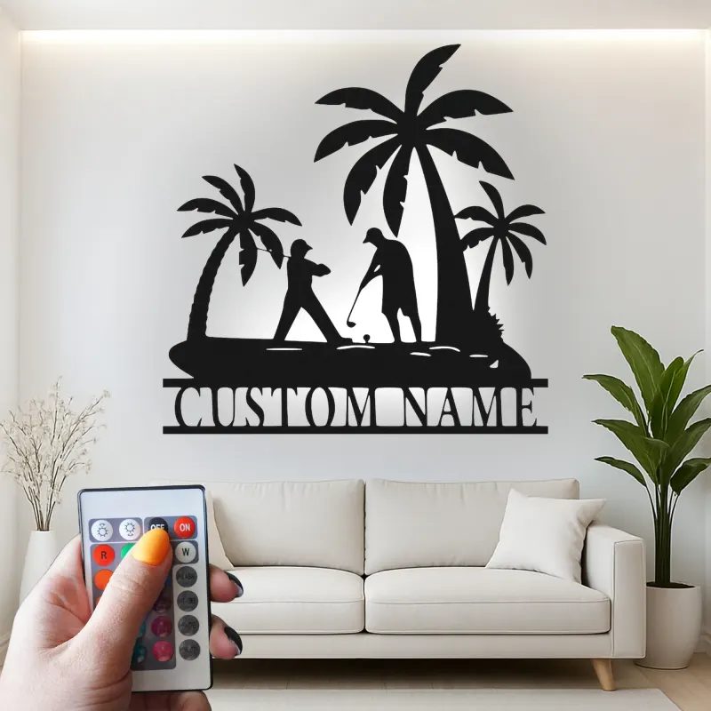 Custom Golf LED Sign | Personalized Metal Wall Art for Man Cave | Tropical Golfer Gift for Dad | Home Bar Decor