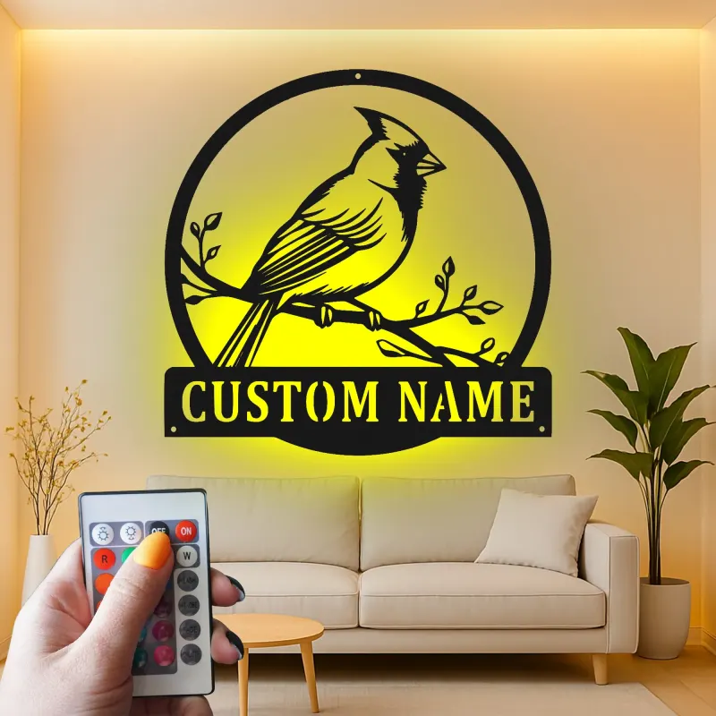 Décoration murale en métal personnalisée avec lumière LED en forme de cardinal - Cadeau pour amoureux de la nature - Décor de jardin ou de patio