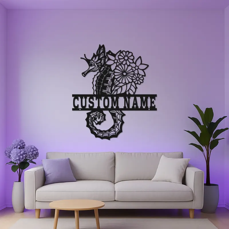 Insegna LED con cavalluccio marino | Insegna in metallo personalizzata con fiori | Decorazione nautica per casa al mare e beach house | Regalo per chi ama l'oceano