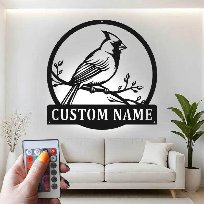 Décoration murale en métal personnalisée avec lumière LED en forme de cardinal - Cadeau pour amoureux de la nature - Décor de jardin ou de patio