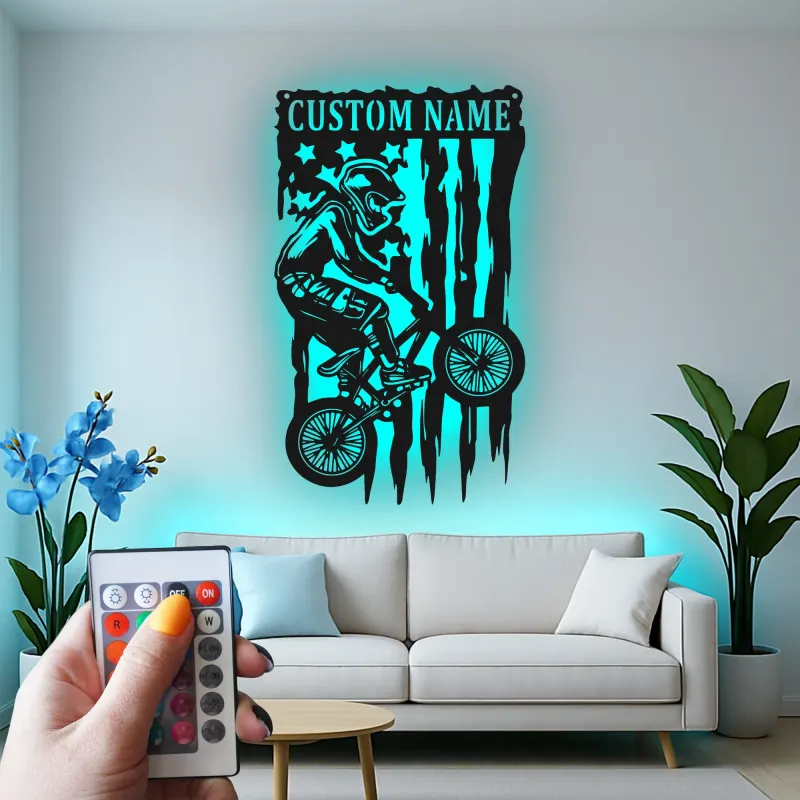 Insegna in metallo LED personalizzata per ciclisti con BMX Rider - Regalo per ciclisti, decorazione per garage o camera da letto