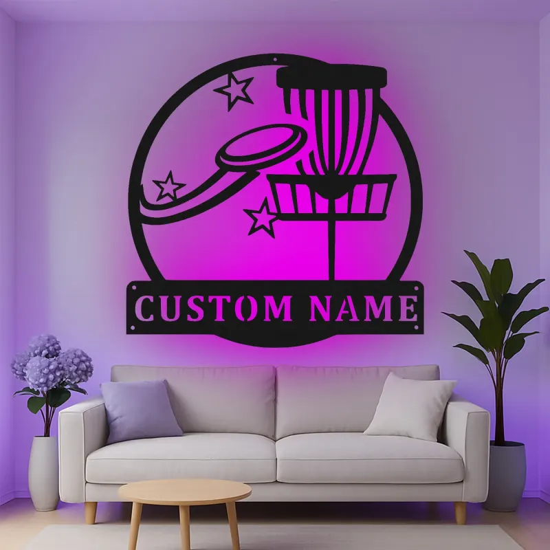 Insegna in metallo personalizzata con LED a forma di cestino per disc golf - Regalo per appassionati di disc golf - Decorazione per sala giochi 4