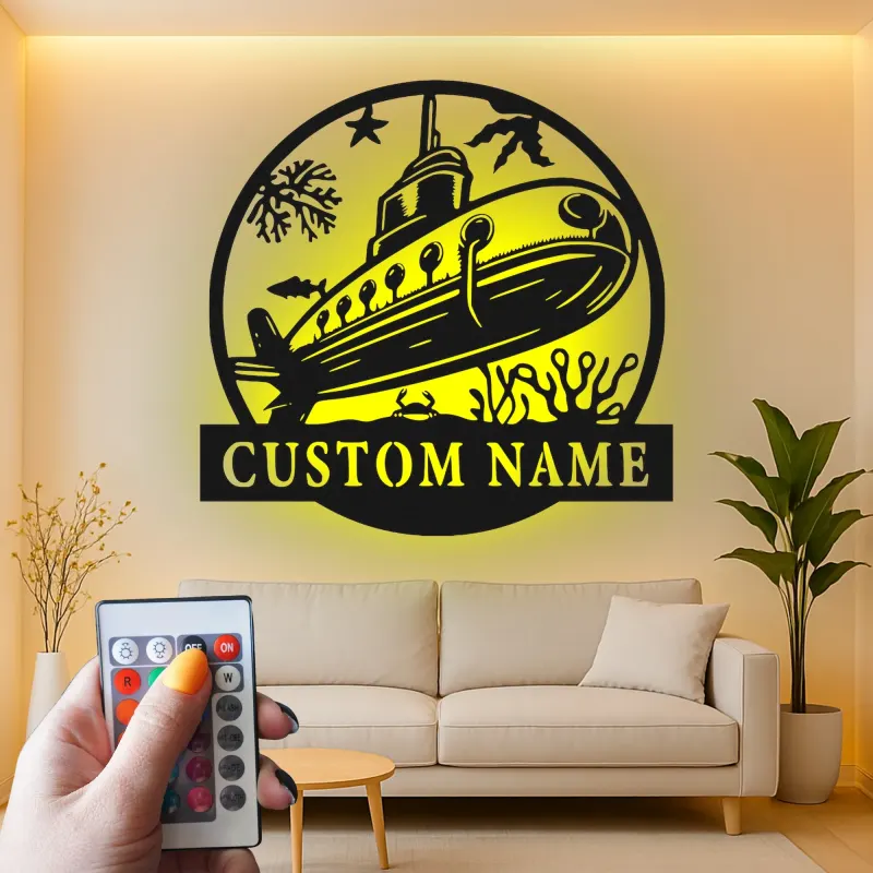Panneau en métal sous-marin personnalisé avec rétroéclairage | Décoration murale nautique personnalisée | Décor océanique pour chambre d'enfant ou cadeau de marin