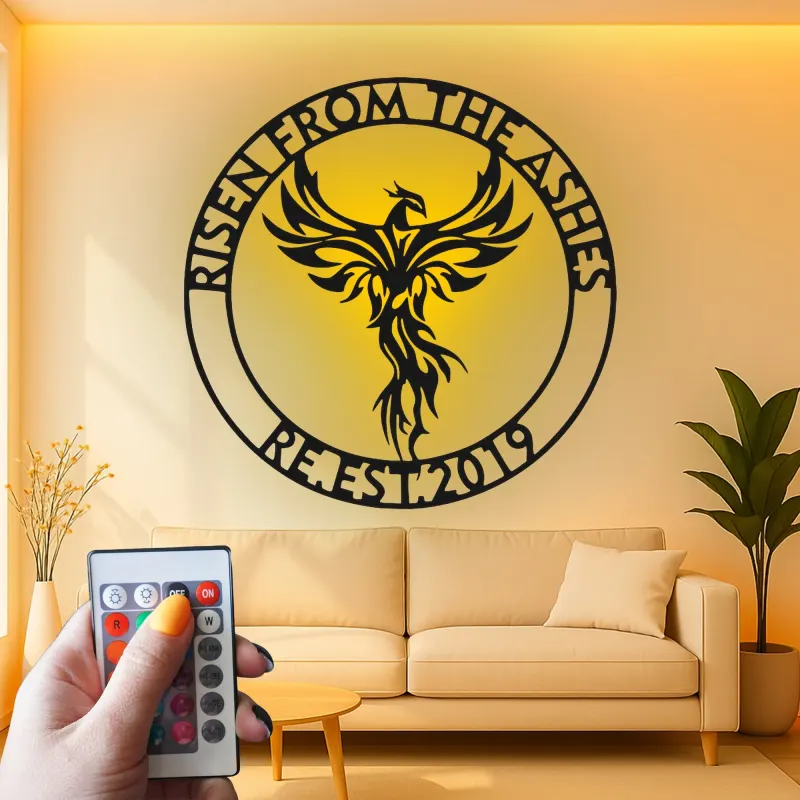 Panneau Métallique LED Phoenix Éveillé | Décoration Murale Personnalisée pour Logo d'Entreprise | Décor Inspirant pour Bureau et Studio