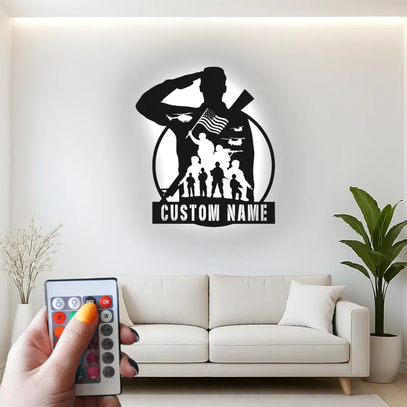 Insegna LED Personalizzata per Soldato Salutante | Arte in Metallo con Bandiera Americana Personalizzata | Decorazione Militare Patriottica | Regalo per Veterani