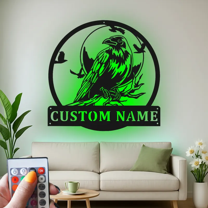 Panneau LED Personnalisé Corbeau | Décoration Murale en Métal | Décor Sauvage Rustique pour Amoureux de la Nature