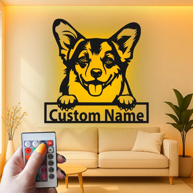Décoration murale en métal LED personnalisée Corgi - Cadeau pour amoureux des chiens - Décor pour salon