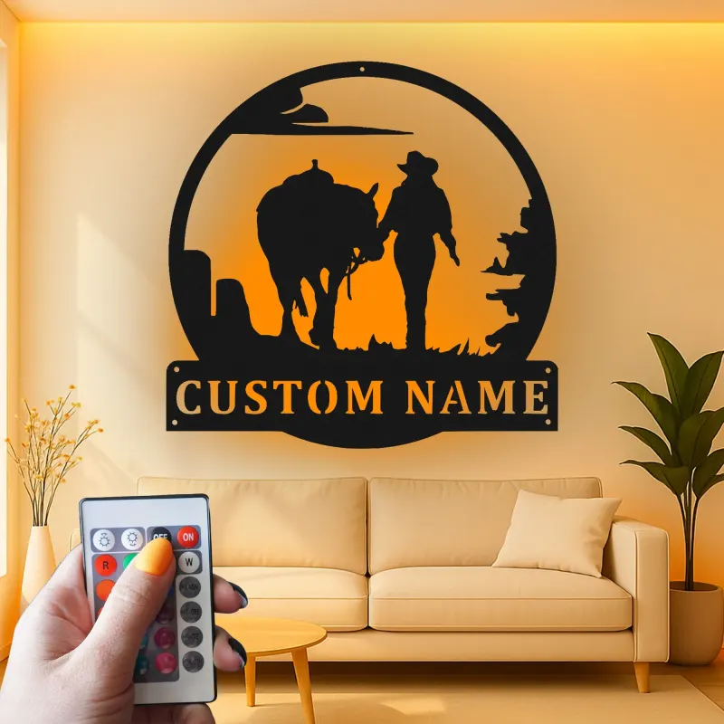 Insegna in metallo LED personalizzata con cowboy e cavallo - Regalo western per lui, decorazione rustica per ranch