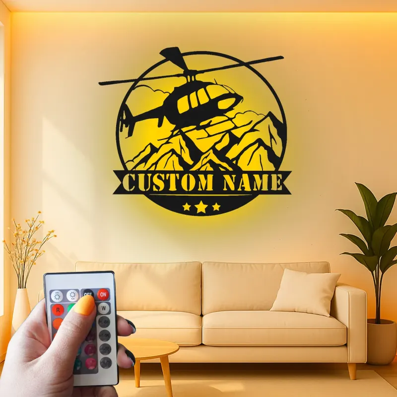 Custom Helicopter Metal Sign with LED | Personalized Pilot Gift | Aviation Wall Art for Office & Man Cave