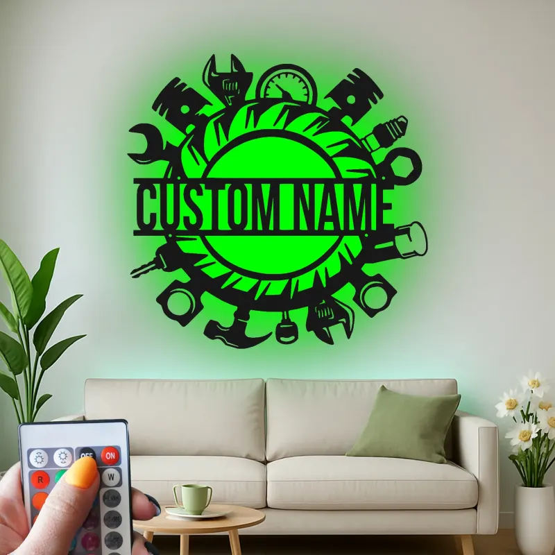 Insegna da Garage Personalizzata con LED | Insegna in Metallo per Strumenti da Meccanico | Decorazione per Officine per Appassionati di Auto