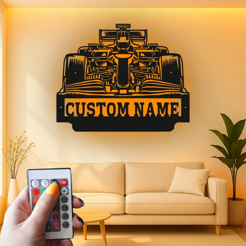Arte murale in metallo per auto F1 personalizzata con luce LED | Regalo personalizzato per appassionati di motorsport | Arredo garage e man cave