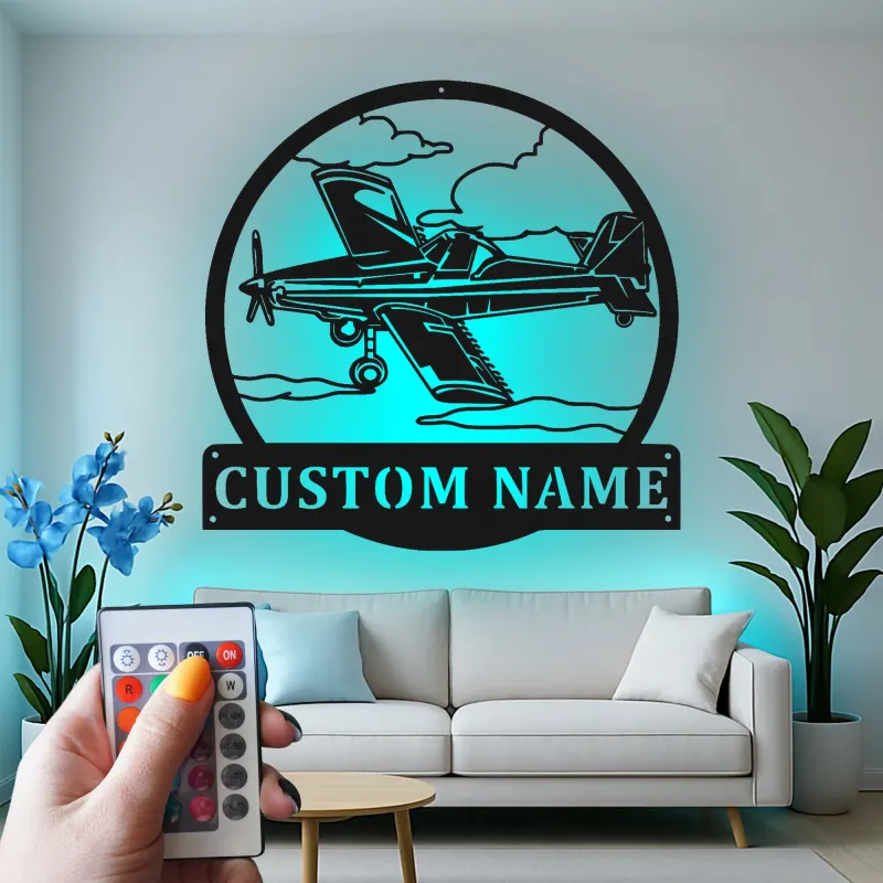 Décoration murale en métal personnalisée avec lumière LED d'avion - Cadeau d'aviation pour pilote, décoration de hangar pour passionnés d'aviation