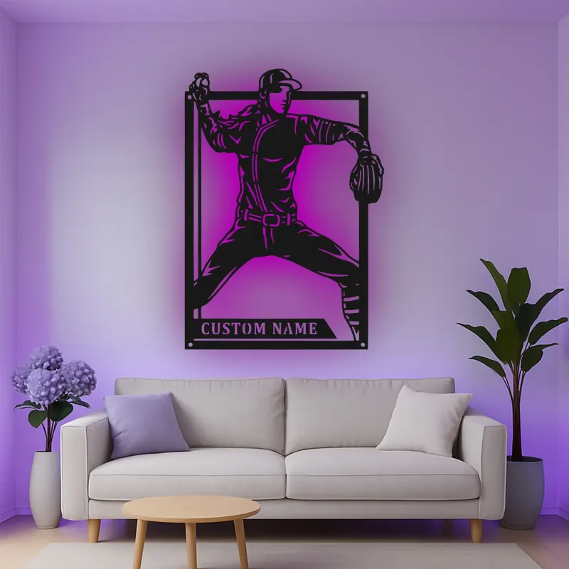 Insegna in metallo LED personalizzata con lanciatore di baseball - Regalo per appassionati di sport e decorazione per sala giochi