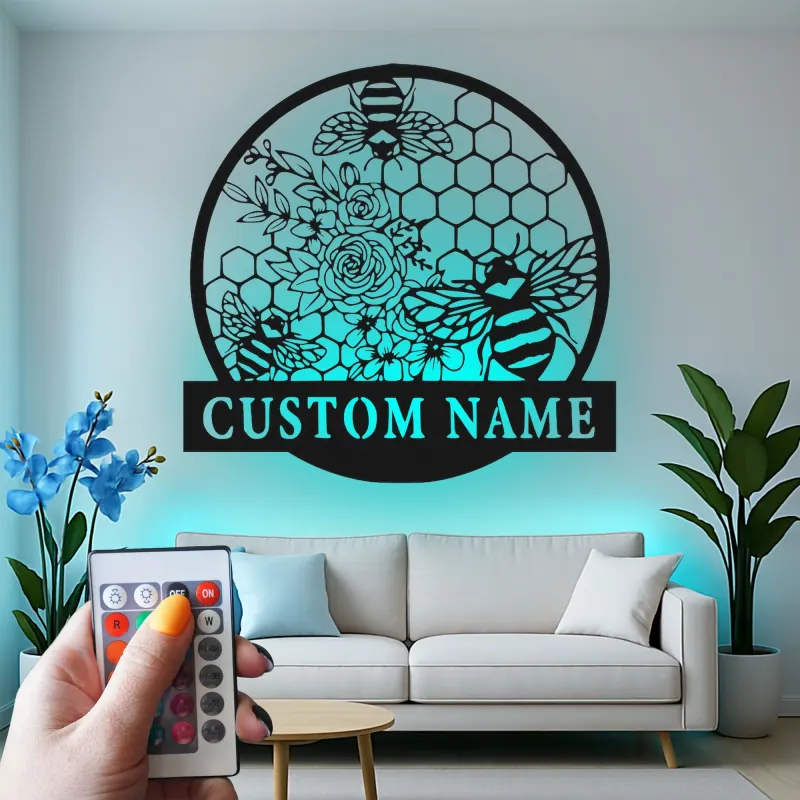 Personalisierte Bienen und Blumen LED Licht Metall-Wandkunst Geschenk für den Garten Natur-inspiriertes Wohnaccessoire