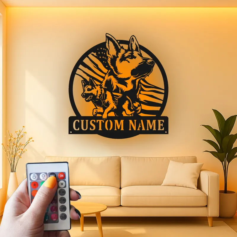 German Shepherd LED Metal Wall Art | Custom American Flag Sign | Patriotic Dog Owner Gift | Personalized Pet Decor
