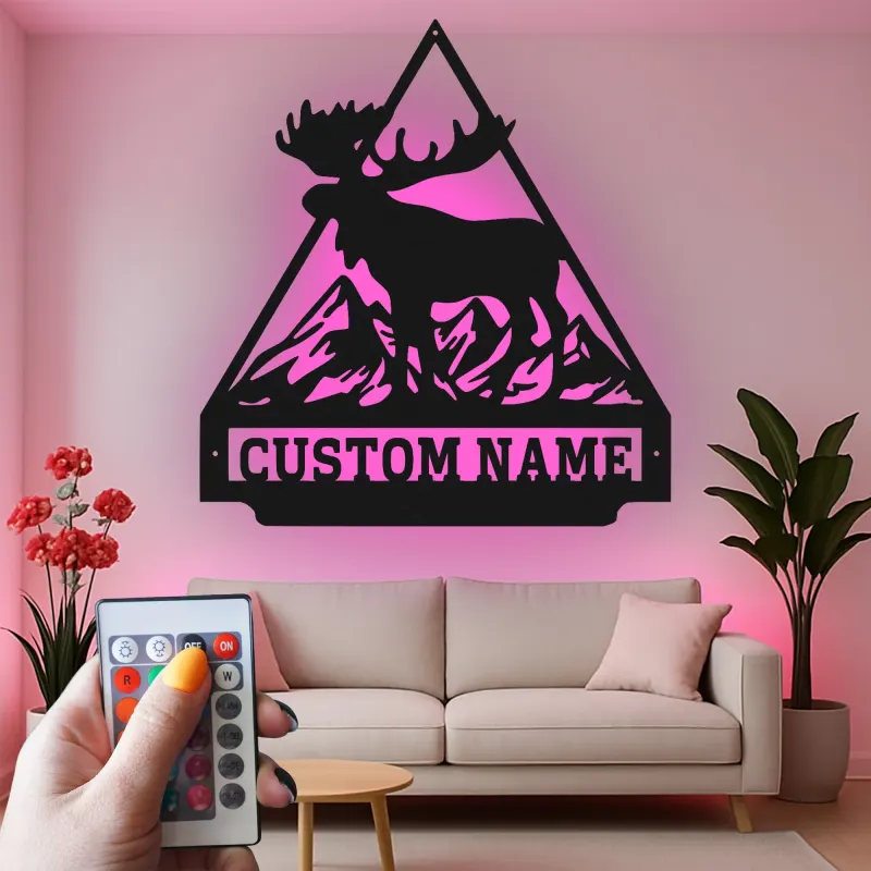 Custom Moose Mountain Led Light Metal Wall Art Personalized Cabin Gift Rustic Lodge Decor