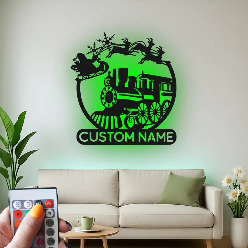Custom Santa Train Led Light Metal Wall Art Personalized Christmas Gift for Families Holiday Living Room Decor