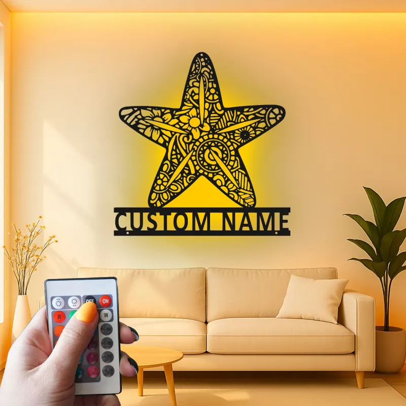 Insegna in metallo LED a forma di stella marina personalizzata | Arte murale oceanica personalizzata | Decorazione costiera per casa al mare e saloni | Targa ornata con nome