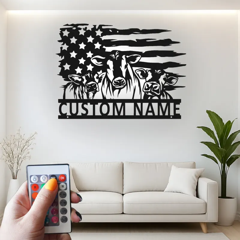 Insegna in metallo LED personalizzata con trio di mucche e bandiera americana
