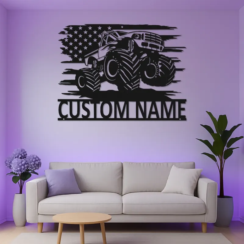 Personalisierte Monstertruck LED-Schild | Metall-Wandkunst mit amerikanischer Flagge | Maßgeschneiderte Garagen-Dekoration für das Kinderzimmer