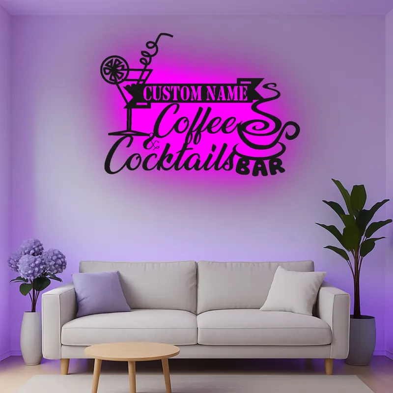 Décoration murale en métal LED personnalisée Café & Cocktails - Cadeau pour bar à domicile, cuisine ou salon