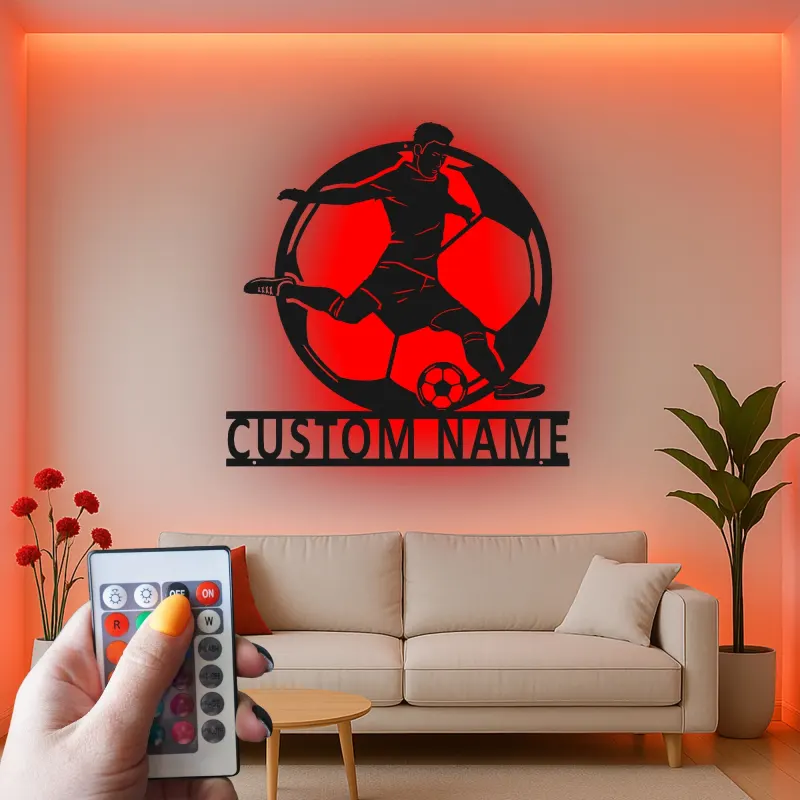 Panneau LED Personnalisé Joueur de Football | Décoration Murale en Métal Personnalisée | Cadeau Athlète pour Chambre d'Adolescent | Décor de Bar Sportif et Salle de Jeux