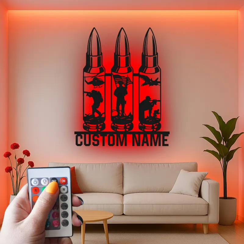Personalized Soldier Silhouette LED Sign | Custom Military Metal Wall Art | Patriotic Veteran Tribute | Man Cave Decor With Name
