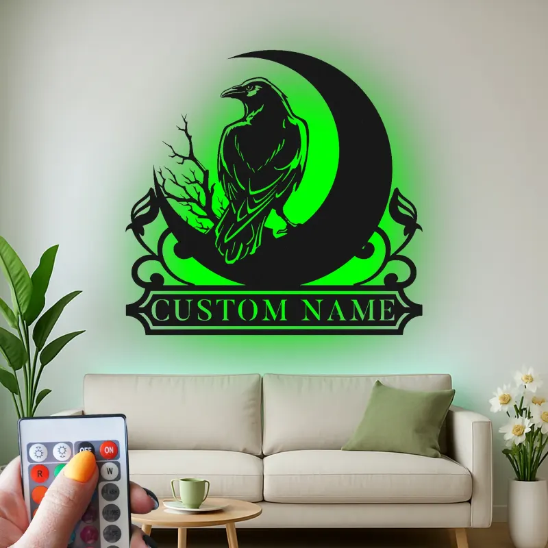 Gothic Raven Metallschild | Personalisierte Krähen LED-Wandkunst | Individuelle Hexen-Dekoration für Ihr Zuhause | Spooky Mond-Schild