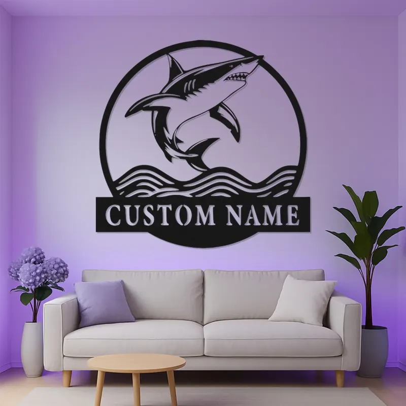 Enseigne en métal requin blanc personnalisée | Décoration murale LED prédateur des océans | Décor de maison de plage personnalisé pour passionnés de requins