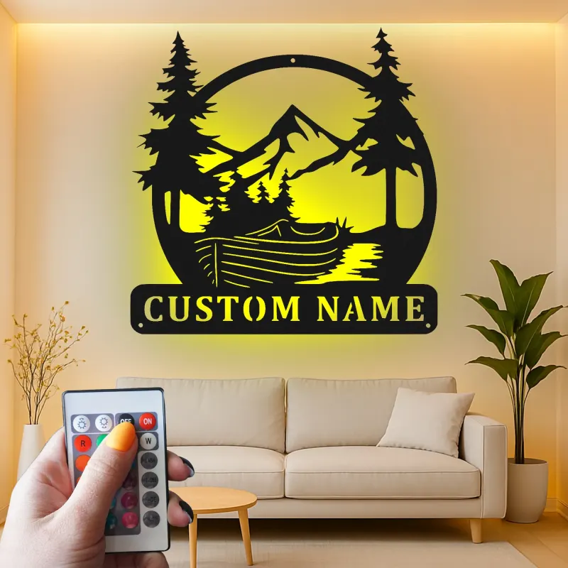 Personalized Mountain Metal Sign | LED Wall Art for Cabin Decor | Rustic Nature Scene for Lodge, Office & Home