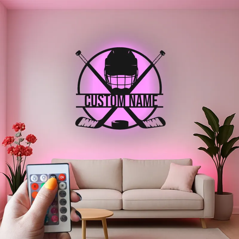 Cartel de metal personalizado de hockey | Luz LED con nombre para habitación infantil | Regalo para jugador de hockey | Decoración mural para cueva masculina