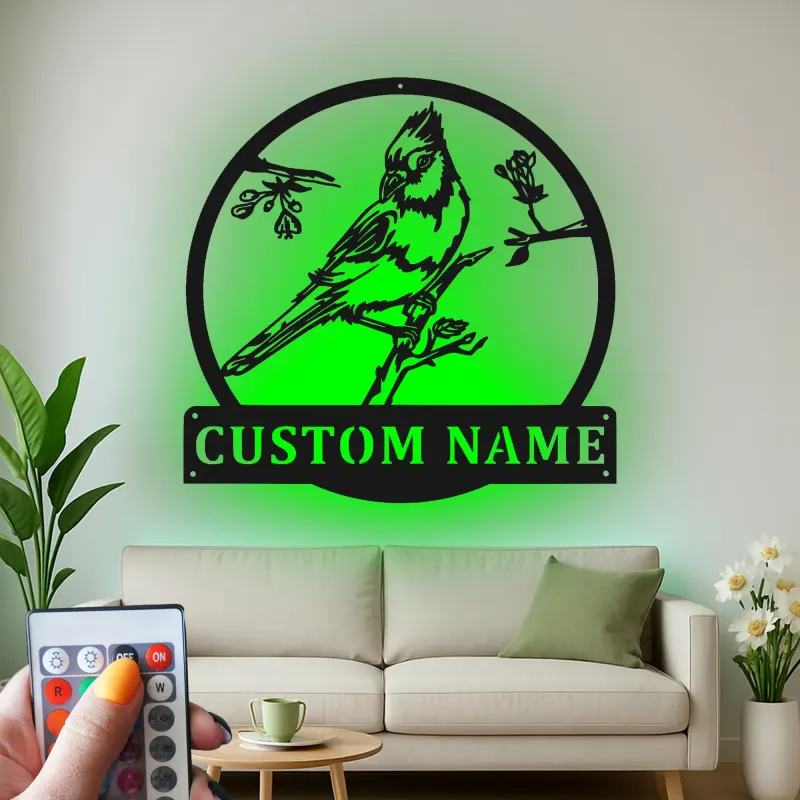 Custom Bird on Branch Led Light Metal Wall Art Personalized Nature Lover Gift Living Room or Garden Decor 1