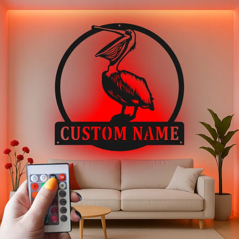 Panneau LED de pélican personnalisé | Décor mural en métal côtier | Cadeau de maison de plage personnalisé | Art de silhouette d'oiseau nautique