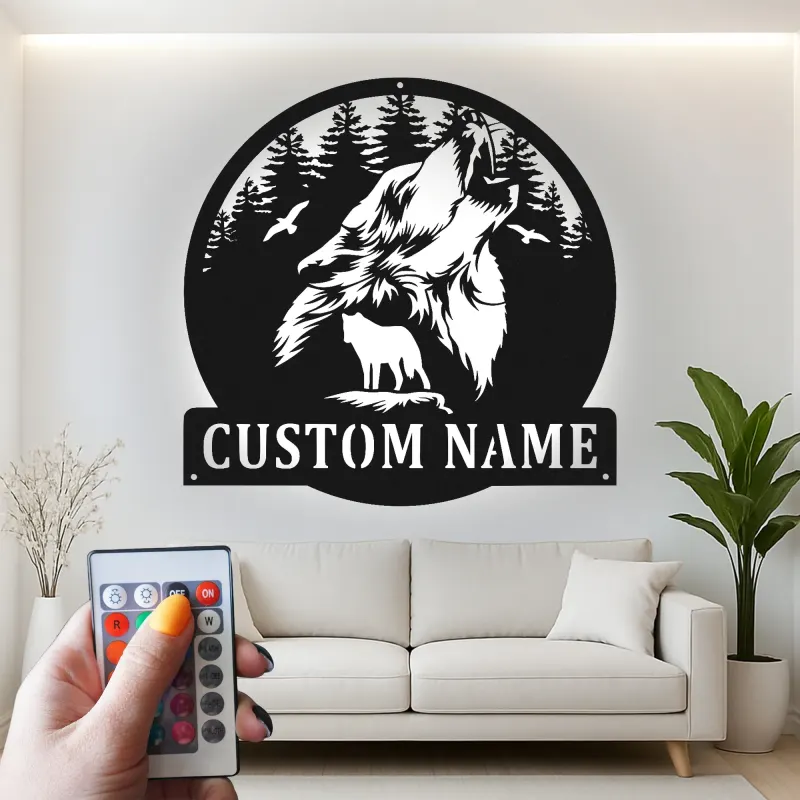 Décoration murale en métal personnalisée de loup hurlant avec rétroéclairage LED - Cadeau personnalisé pour les amoureux de la nature - Décor de cabane rustique