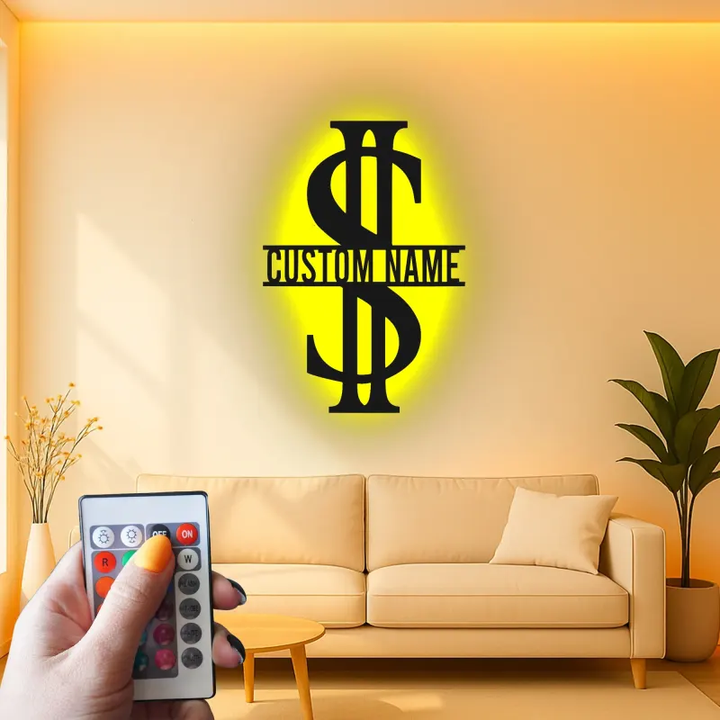 Décoration murale en métal personnalisée en forme de signe dollar avec rétroéclairage LED - Cadeau personnalisé pour entrepreneurs - Décor de bureau ou de salle de loisirs