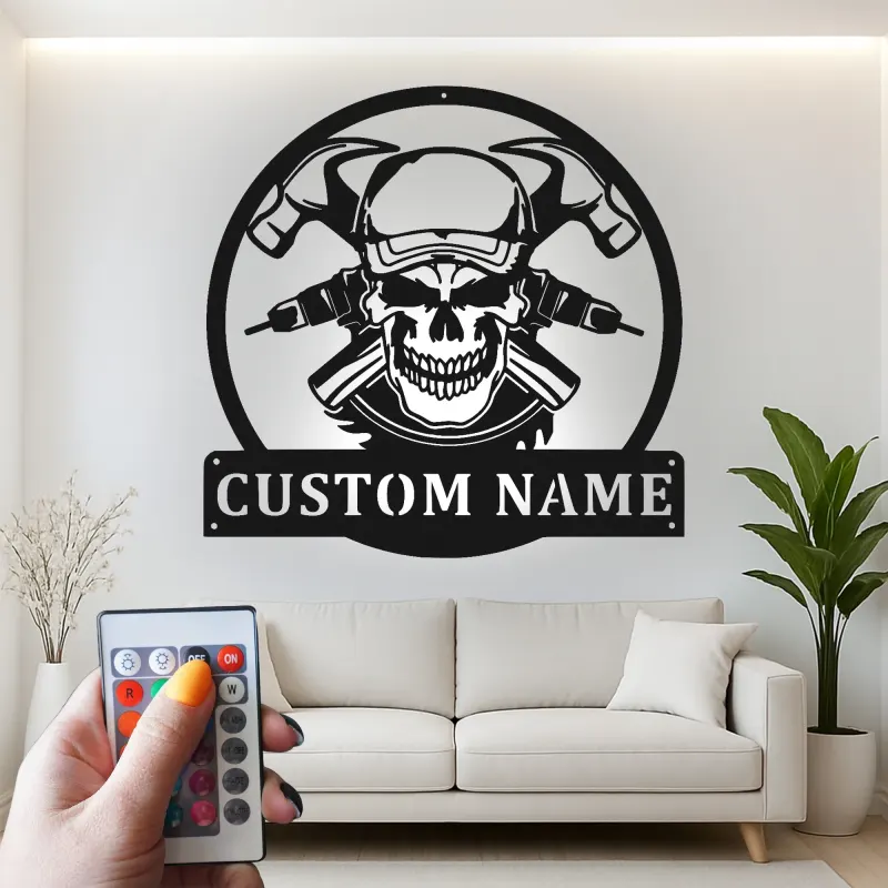 Cartel LED de Calavera y Martillos | Decoración Mural de Metal Personalizada para Garaje o Taller | Regalo para Papá