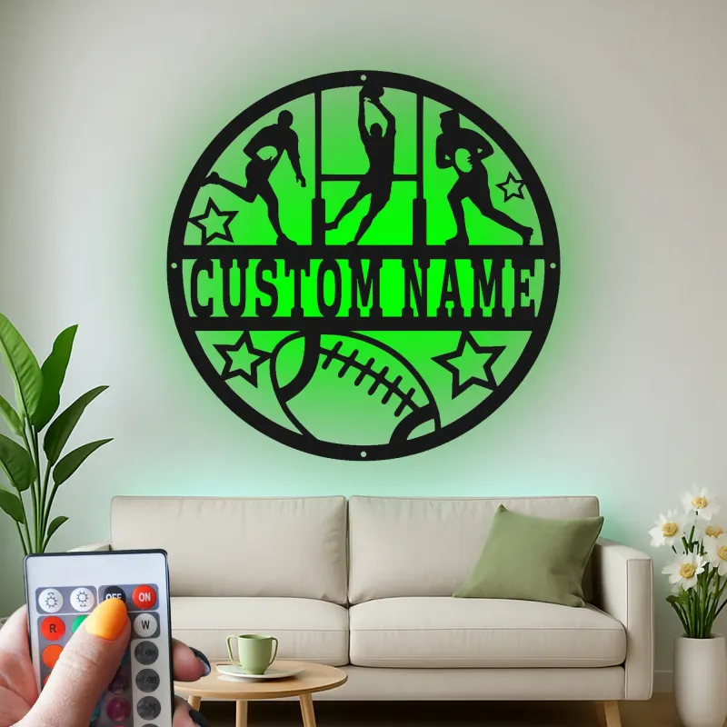 Insegna LED football personalizzata | Decorazione murale in metallo | Arredo per cameretta ragazzi e regalo per atleta