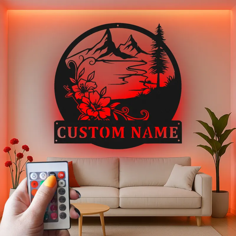Custom Mountain Metal Wall Art | Personalized LED Name Sign with Floral Scene | Cabin Decor & Outdoor Lover Gift